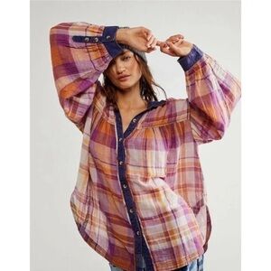 Free People Olivia Plaid Button Down Shirt Size Small Oversized 100% Cotton